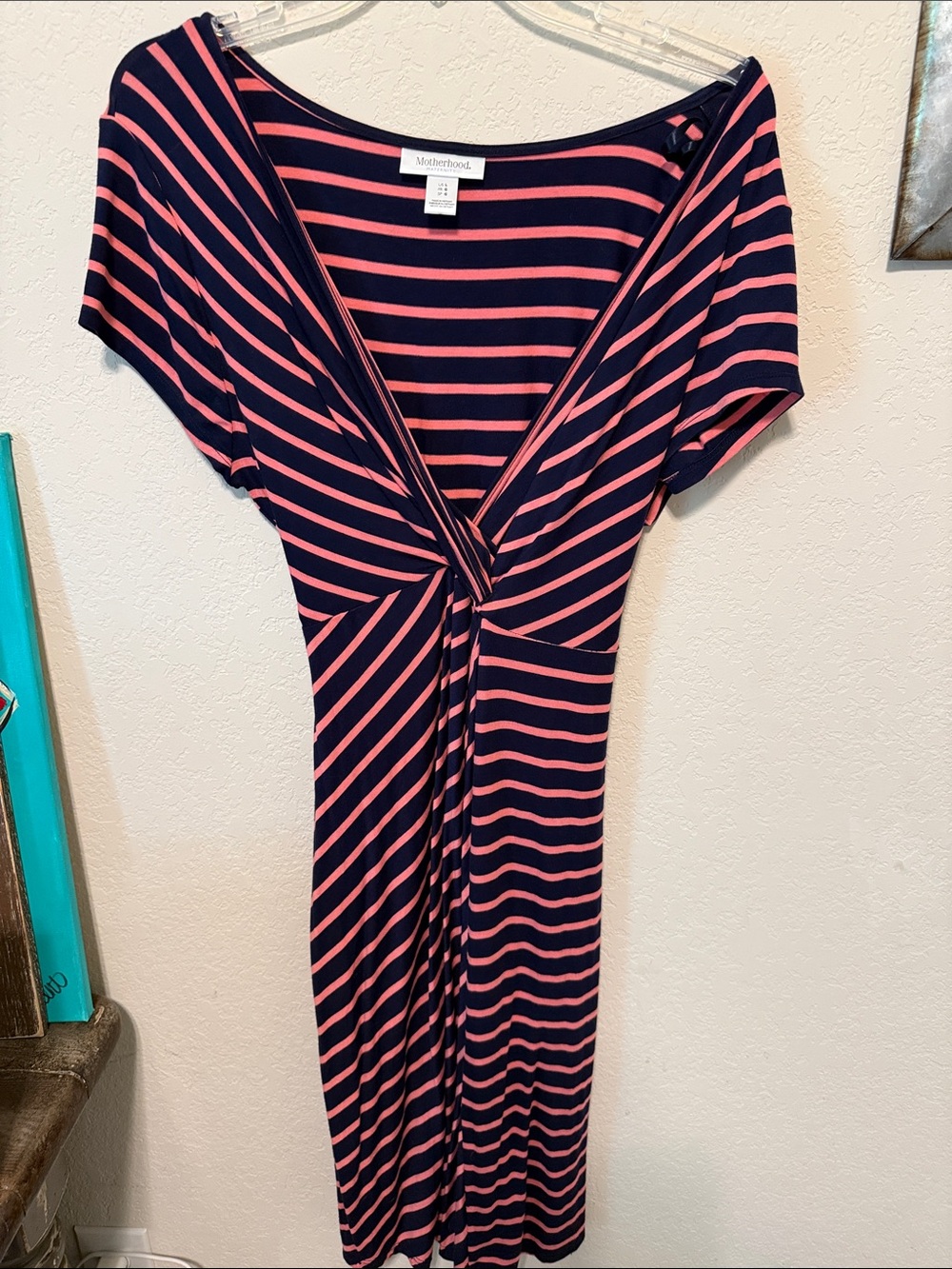 Motherhood Navy and Pink Striped Knot-Front Maternity Dress
